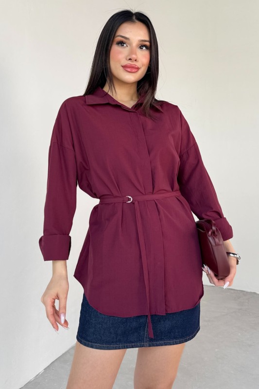 GML-10261 Bordo Kuşak Detaylı Gömlek - 1