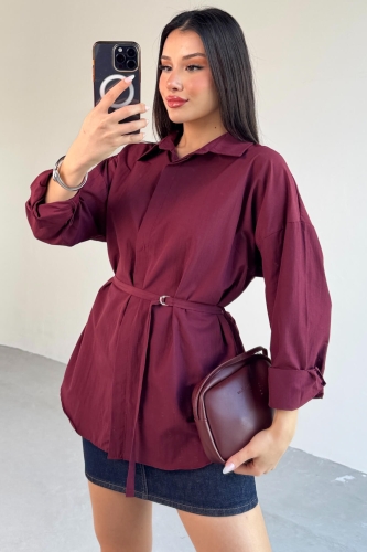 GML-10261 Bordo Kuşak Detaylı Gömlek - 3