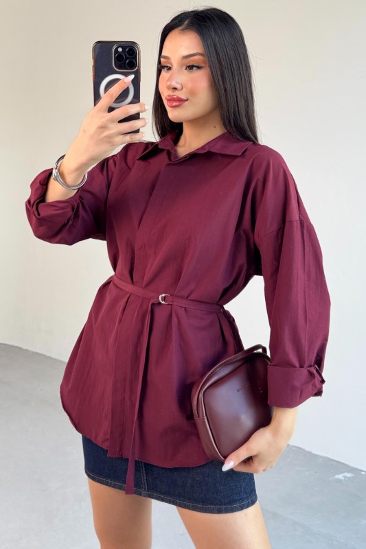 GML-10261 Bordo Kuşak Detaylı Gömlek - 3