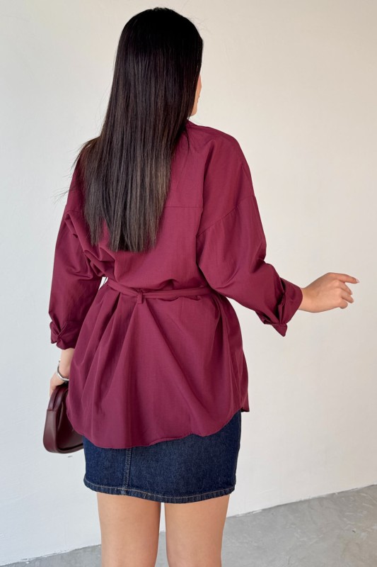 GML-10261 Bordo Kuşak Detaylı Gömlek - 4
