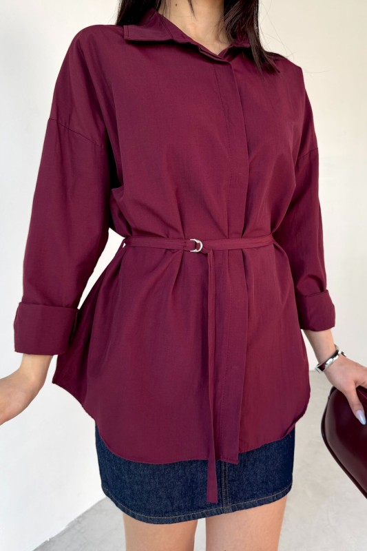 GML-10261 Bordo Kuşak Detaylı Gömlek - 5
