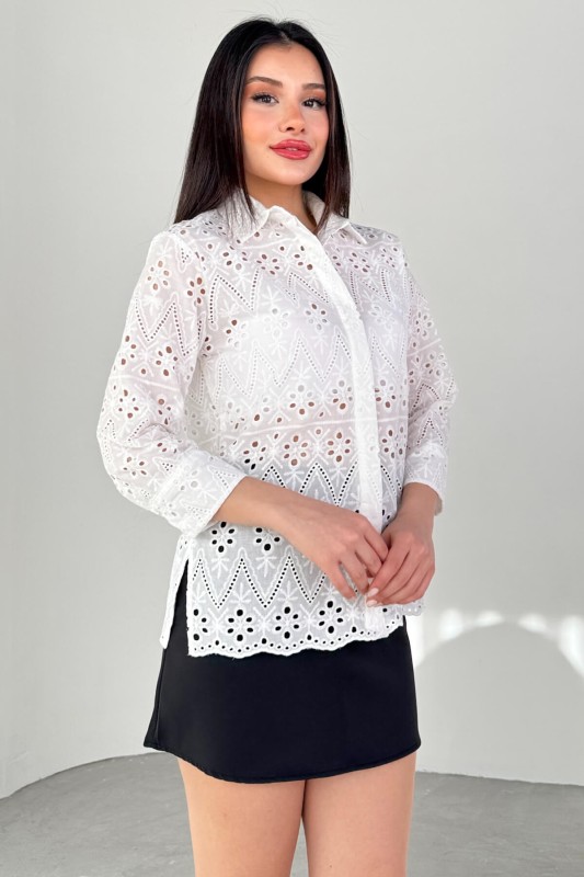 GML-10262 Beyaz Gizli Düğmeli Oversize Dantel Gömlek - 4