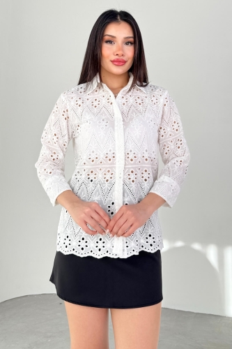 GML-10262 Beyaz Gizli Düğmeli Oversize Dantel Gömlek - 1