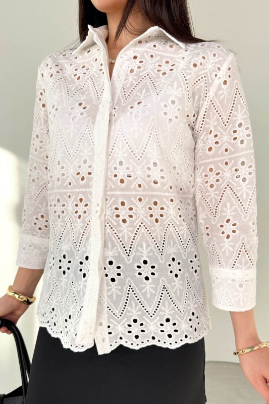 GML-10262 Beyaz Gizli Düğmeli Oversize Dantel Gömlek - 5