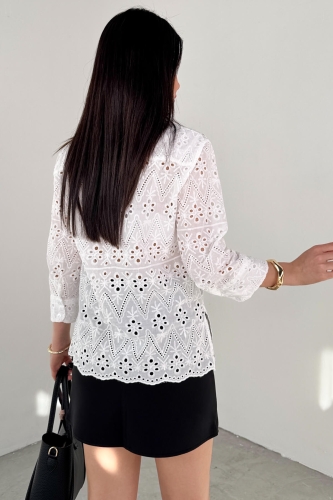 GML-10262 Beyaz Gizli Düğmeli Oversize Dantel Gömlek - 6