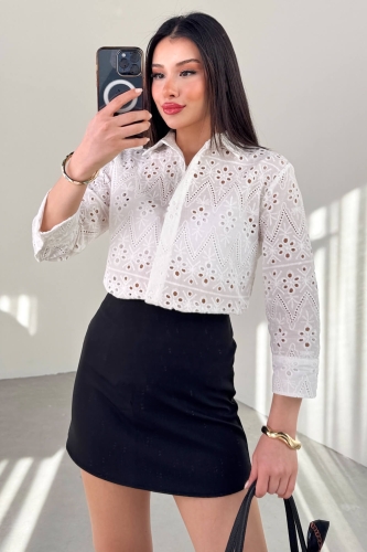 GML-10262 Beyaz Gizli Düğmeli Oversize Dantel Gömlek - 7