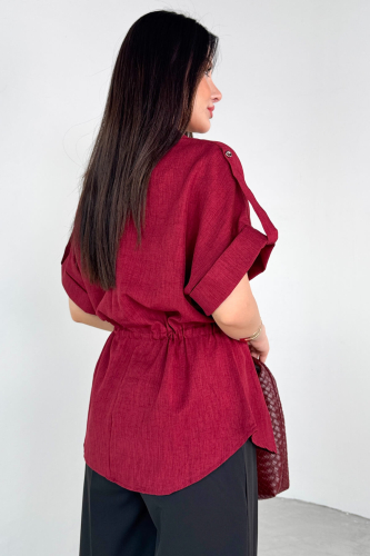 GML-10263 Bordo Bel Bağlamalı Kol Düğme Detaylı Kısa Kol Gömlek - 2