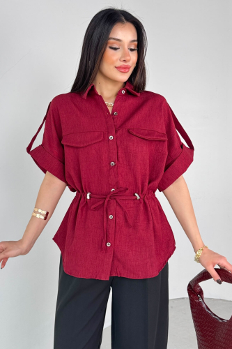 GML-10263 Bordo Bel Bağlamalı Kol Düğme Detaylı Kısa Kol Gömlek - 5