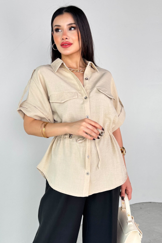 GML-10263 Taş Rengi Bel Bağlamalı Kol Düğme Detaylı Kısa Kol Gömlek - 5