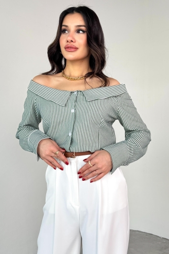 GML-103206 Yeşil Çizgili Madonna Yaka Gömlek 