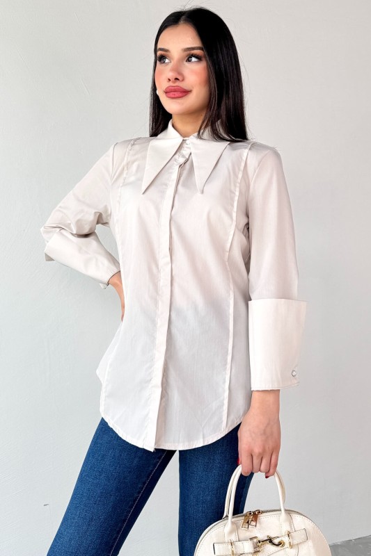 GML-13258 Taş Rengi Sivri Yaka Gizli Düğmeli Biyeli Gömlek - 3
