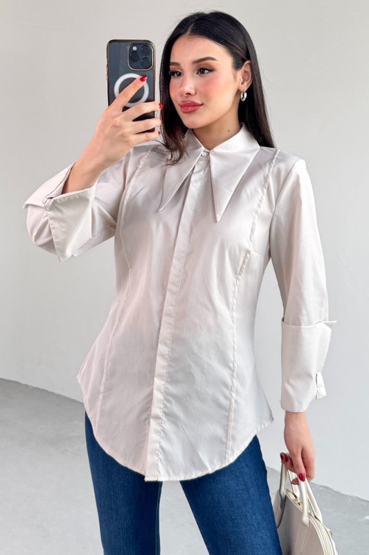 GML-13258 Taş Rengi Sivri Yaka Gizli Düğmeli Biyeli Gömlek - 4