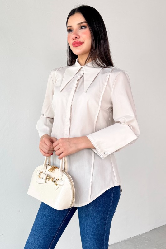 GML-13258 Taş Rengi Sivri Yaka Gizli Düğmeli Biyeli Gömlek - 2