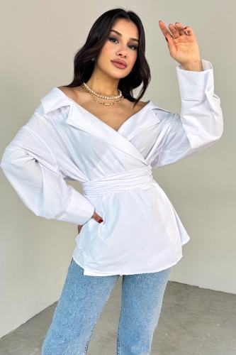 GML-13259 Beyaz Kruvaze Yaka Bağlamalı Asimetrik Kesim Gömlek - 3
