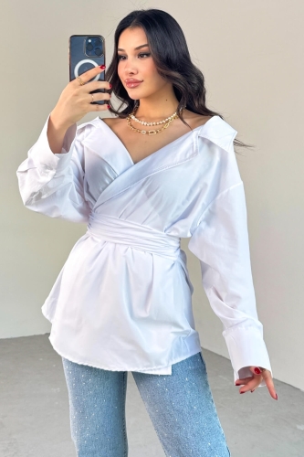 GML-13259 Beyaz Kruvaze Yaka Bağlamalı Asimetrik Kesim Gömlek - 4