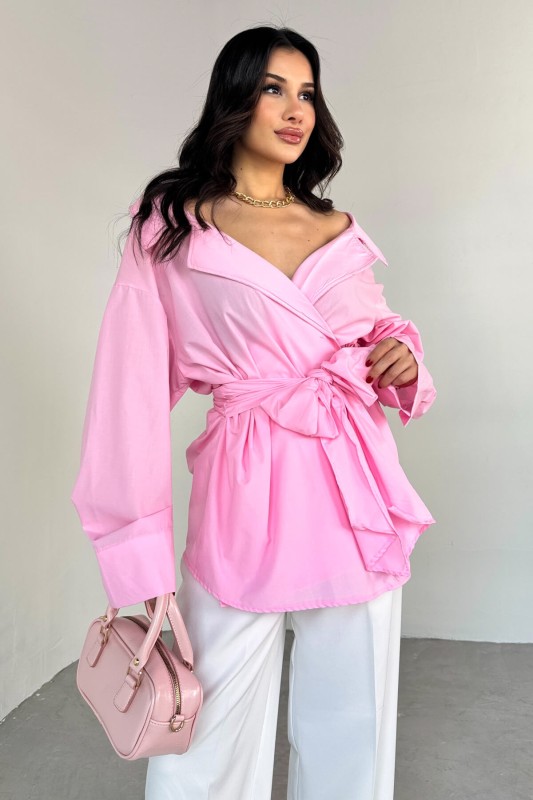 GML-13259 Pembe Kruvaze Yaka Bağlamalı Asimetrik Kesim Gömlek - 2