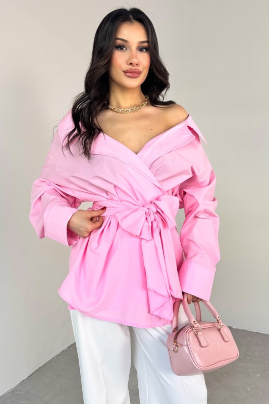 GML-13259 Pembe Kruvaze Yaka Bağlamalı Asimetrik Kesim Gömlek - 3