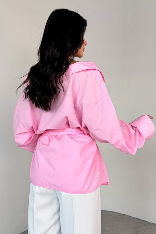 GML-13259 Pembe Kruvaze Yaka Bağlamalı Asimetrik Kesim Gömlek - 4
