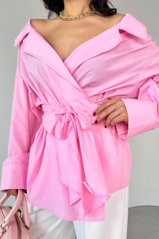 GML-13259 Pembe Kruvaze Yaka Bağlamalı Asimetrik Kesim Gömlek - 5