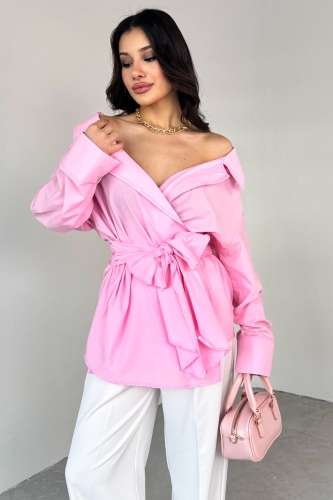 GML-13259 Pembe Kruvaze Yaka Bağlamalı Asimetrik Kesim Gömlek 