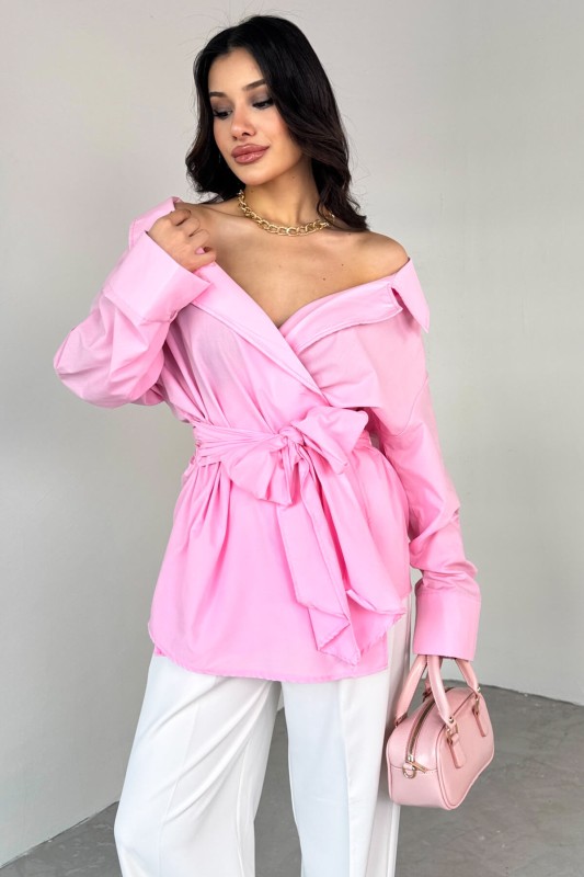 GML-13259 Pembe Kruvaze Yaka Bağlamalı Asimetrik Kesim Gömlek - 1