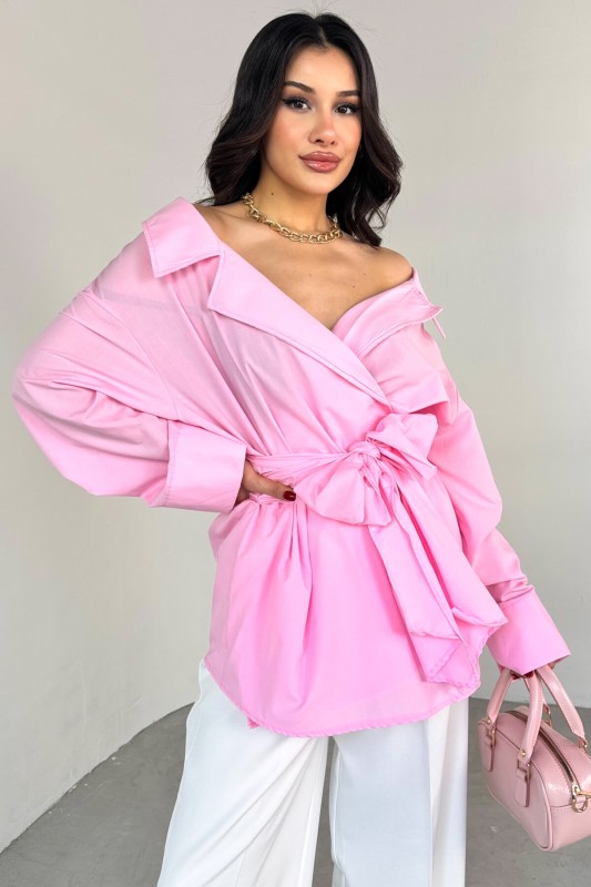 GML-13259 Pembe Kruvaze Yaka Bağlamalı Asimetrik Kesim Gömlek - 6