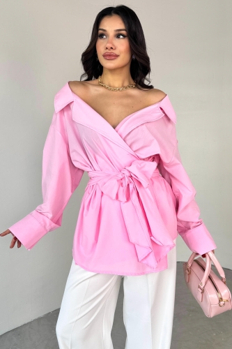 GML-13259 Pembe Kruvaze Yaka Bağlamalı Asimetrik Kesim Gömlek - 7