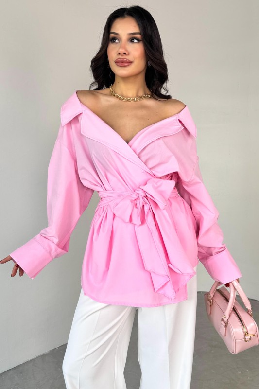 GML-13259 Pembe Kruvaze Yaka Bağlamalı Asimetrik Kesim Gömlek - 7