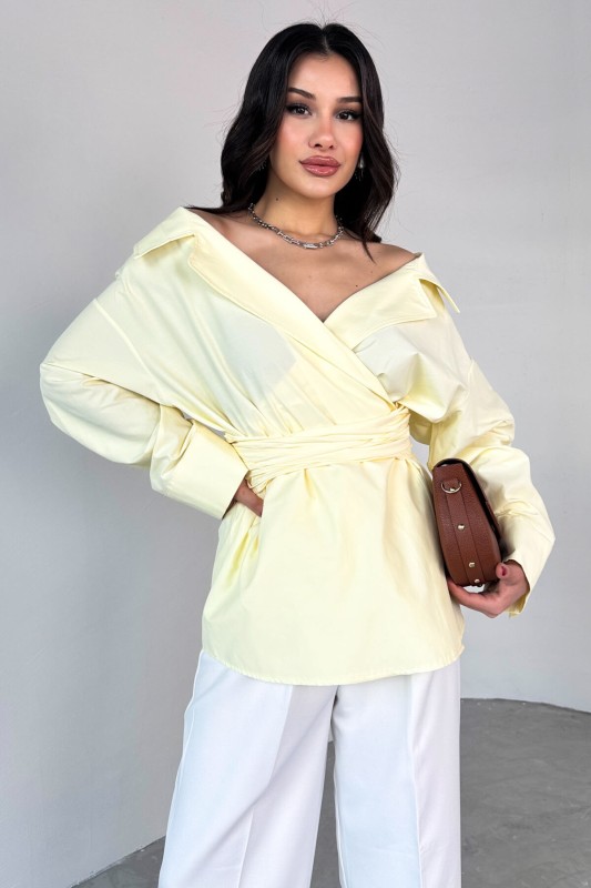 GML-13259 Sarı Kruvaze Yaka Bağlamalı Asimetrik Kesim Gömlek - 3
