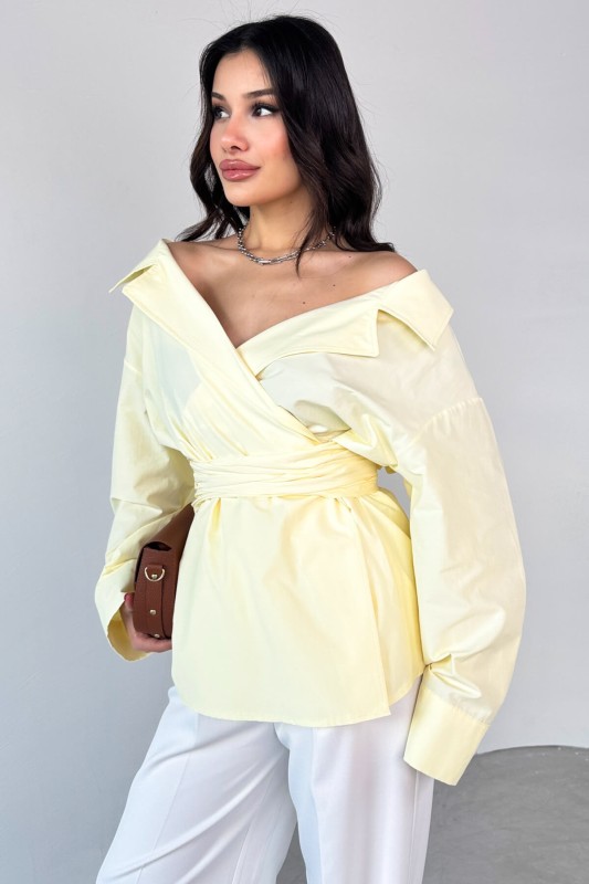 GML-13259 Sarı Kruvaze Yaka Bağlamalı Asimetrik Kesim Gömlek - 5