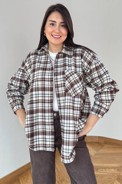 GML-25164 Acı Kahve Ekoseli Renkli Oversize Gömlek 