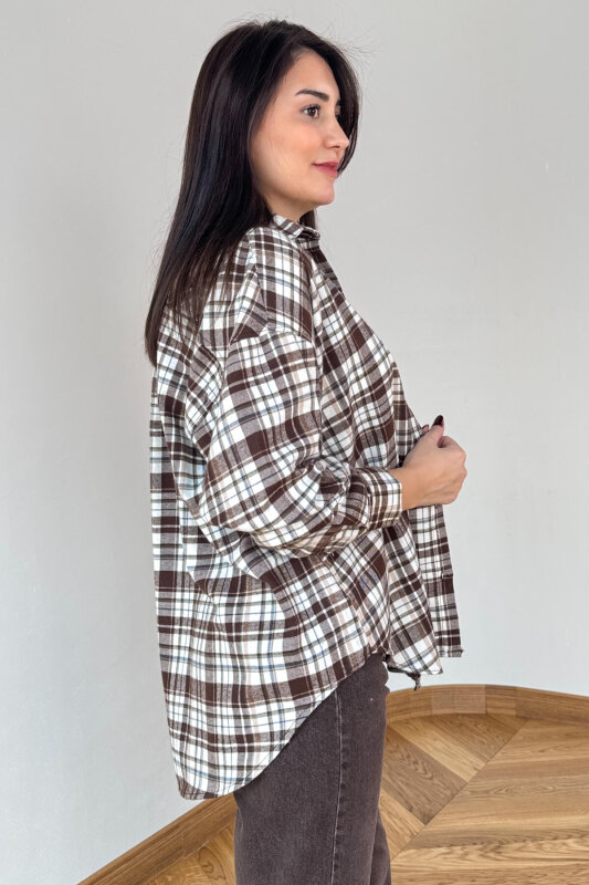 GML-25164 Acı Kahve Ekoseli Renkli Oversize Gömlek - 3