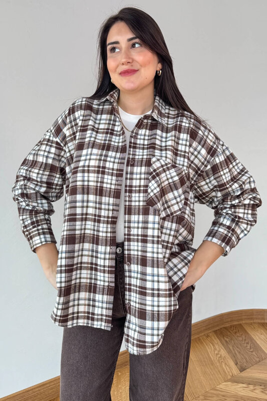 GML-25164 Acı Kahve Ekoseli Renkli Oversize Gömlek - 4