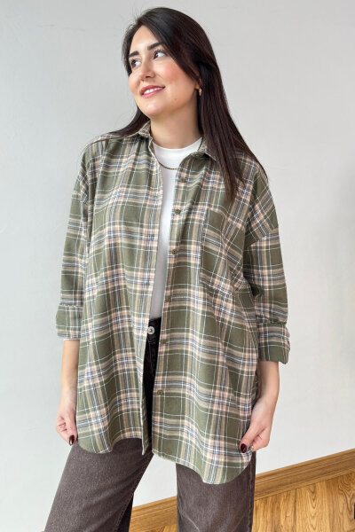 GML-25164 Haki Ekoseli Renkli Oversize Gömlek - 5