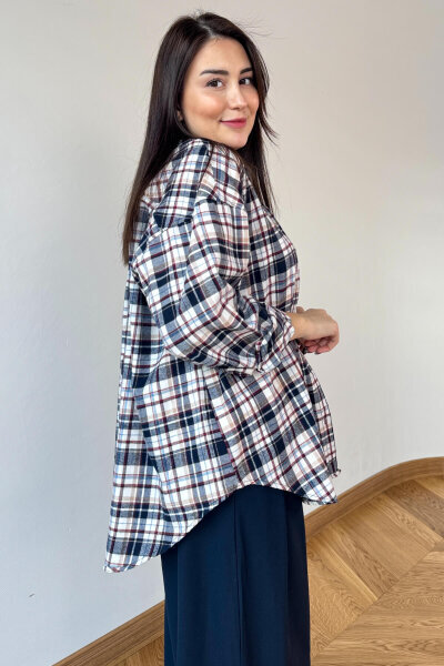 GML-25164 Lacivert Ekoseli Renkli Oversize Gömlek - 3