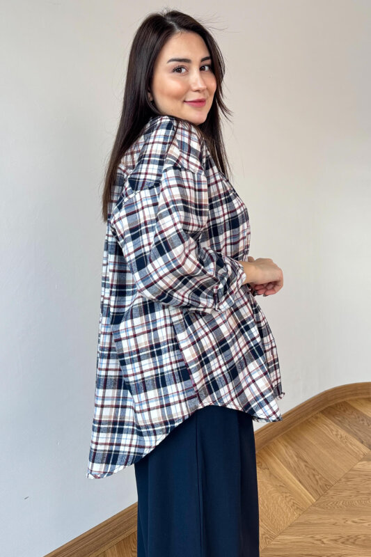 GML-25164 Lacivert Ekoseli Renkli Oversize Gömlek - 3