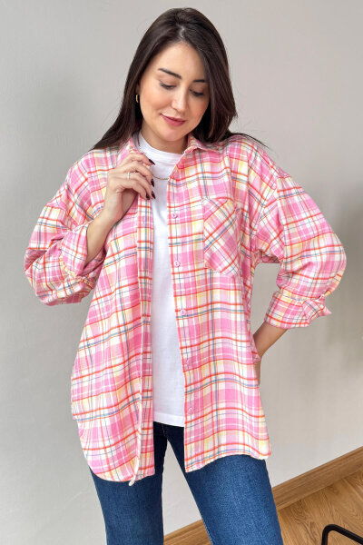 GML-25164 Pembe Ekoseli Renkli Oversize Gömlek 