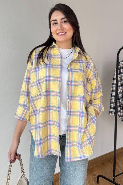 GML-25164 Sarı Ekoseli Renkli Oversize Gömlek 