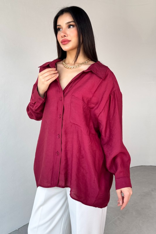 GML-4612 Bordo Düşük Omuzlu Oversize Gömlek - 2