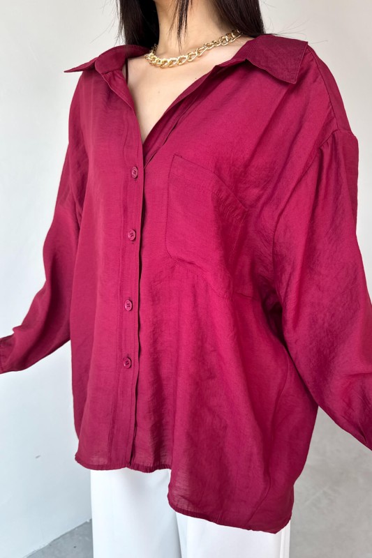 GML-4612 Bordo Düşük Omuzlu Oversize Gömlek - 3
