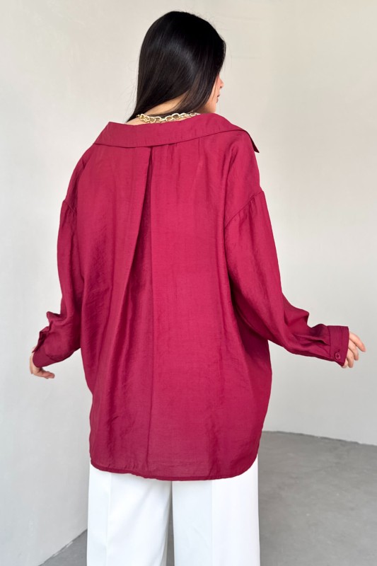 GML-4612 Bordo Düşük Omuzlu Oversize Gömlek - 4