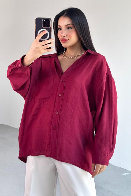 GML-4612 Bordo Düşük Omuzlu Oversize Gömlek - 5
