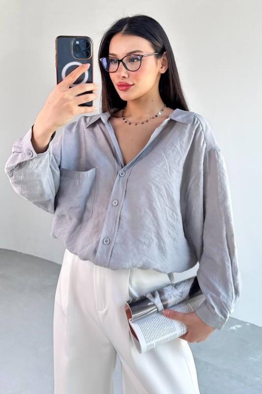 GML-4612 Gri Düşük Omuzlu Oversize Gömlek - 3