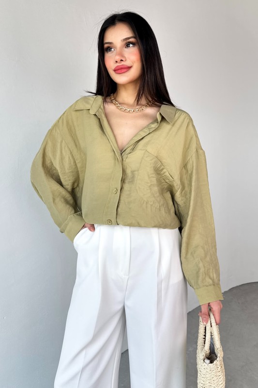 GML-4612 Haki Düşük Omuzlu Oversize Gömlek - 2