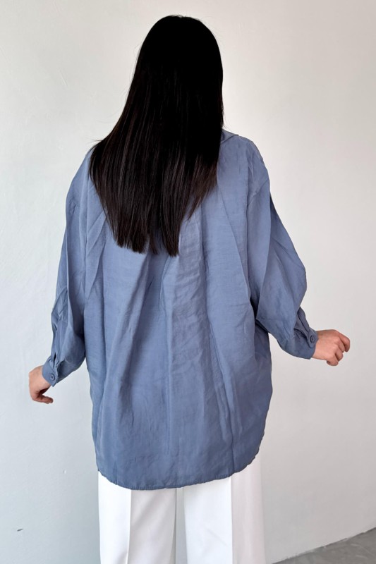 GML-4612 Mavi Düşük Omuzlu Oversize Gömlek - 3