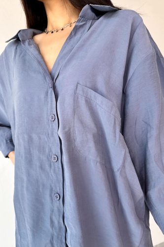 GML-4612 Mavi Düşük Omuzlu Oversize Gömlek - 4