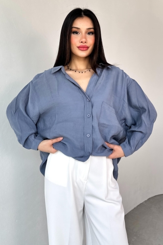 GML-4612 Mavi Düşük Omuzlu Oversize Gömlek - 5