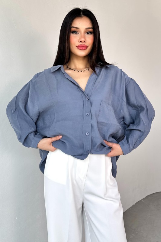 GML-4612 Mavi Düşük Omuzlu Oversize Gömlek - 5