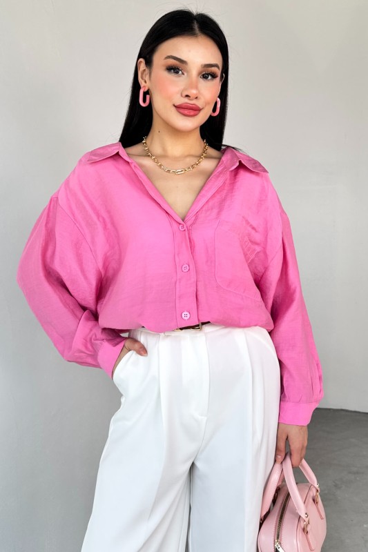 GML-4612 Pembe Düşük Omuzlu Oversize Gömlek - 4