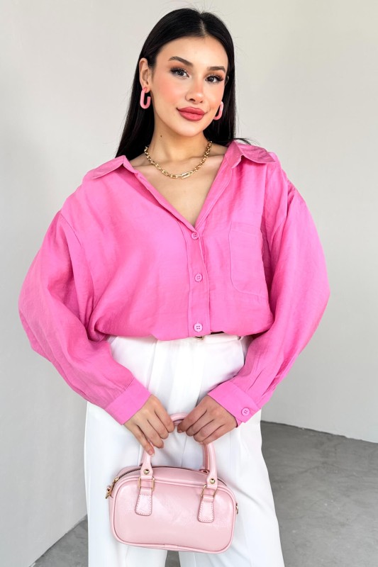 GML-4612 Pembe Düşük Omuzlu Oversize Gömlek - 1